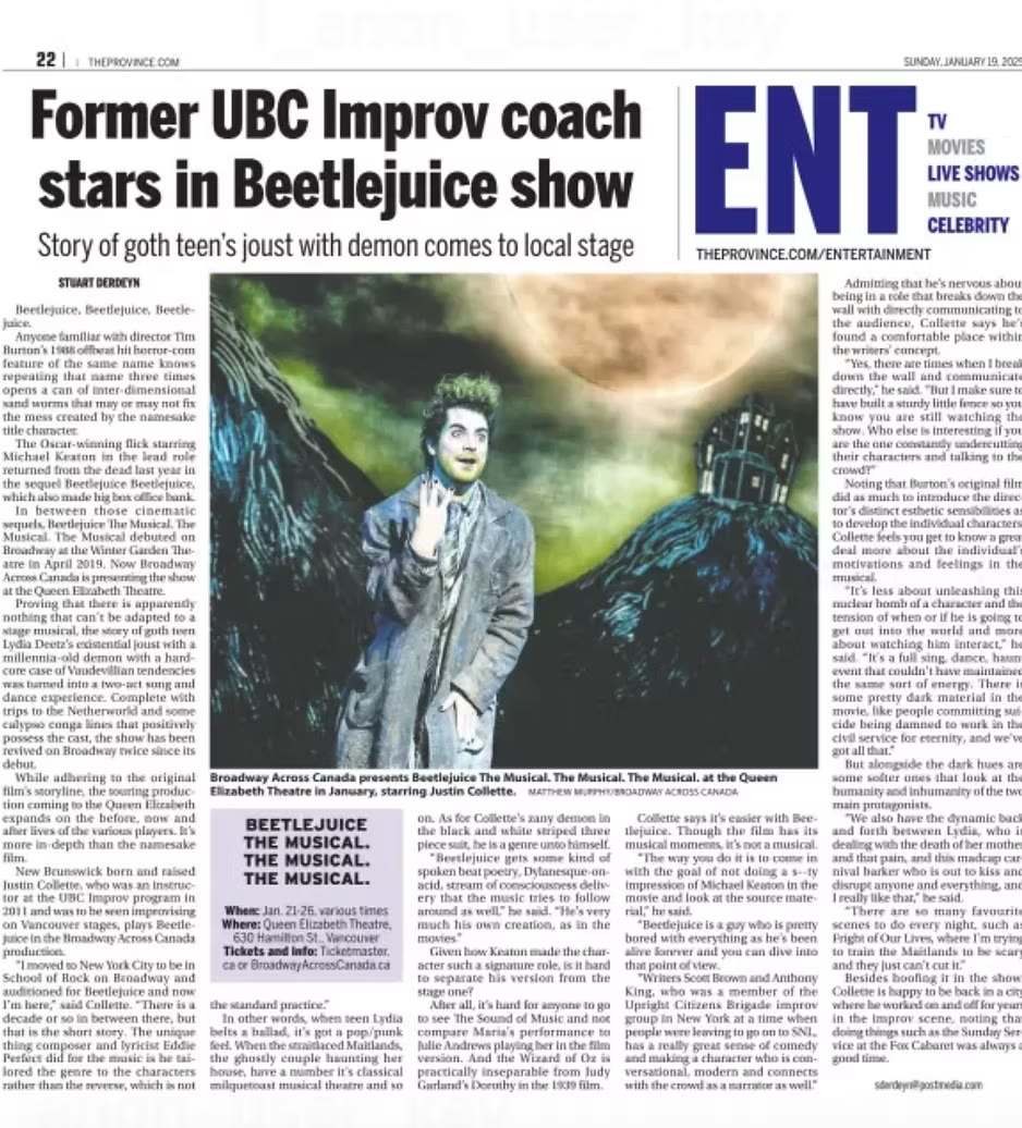 Former UBC Improv coach stars in Beetlejuice show